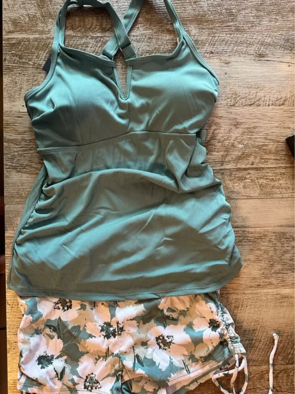 NWT Summer Mae Teal Ribbed Tankini Swimsuit Set with Floral Shorts Sz Small